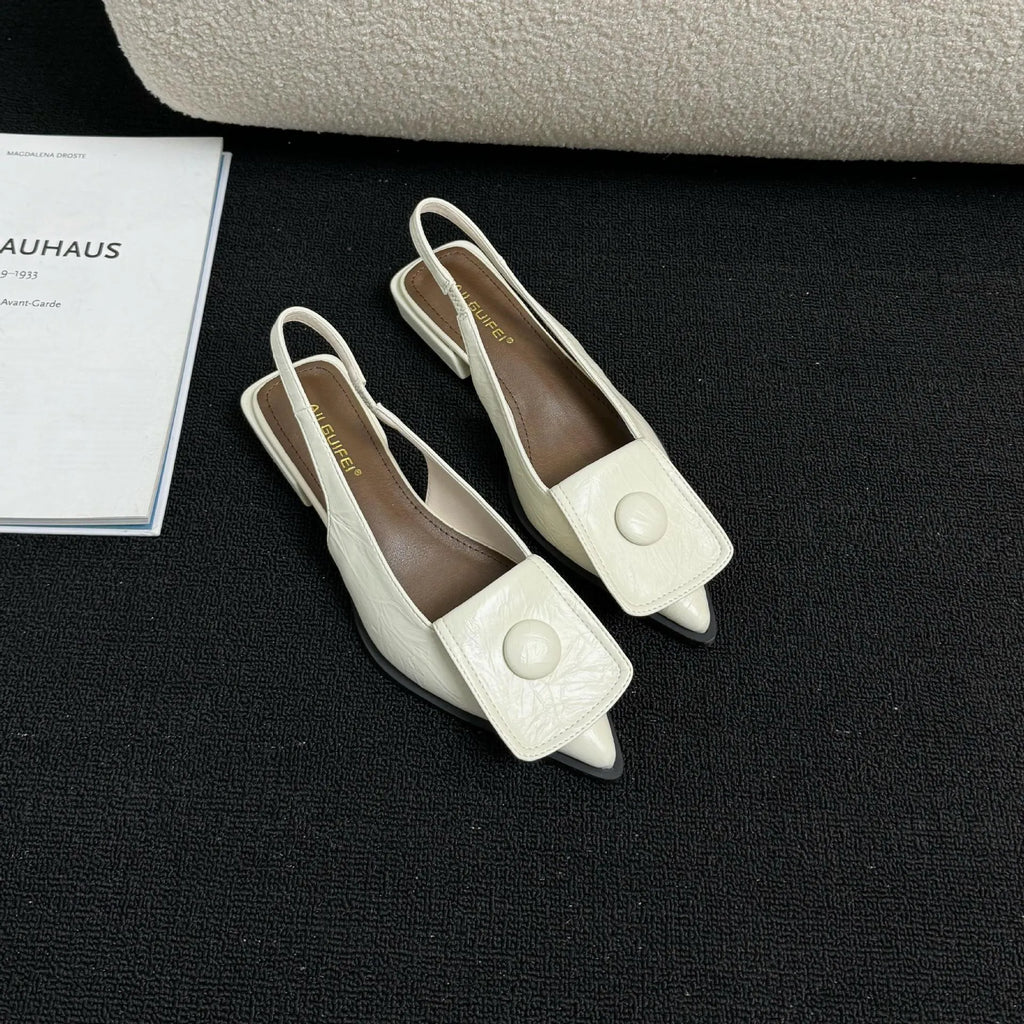 Women's low heel pointed toe sandals with back strap in apricot, black, brown, and silver colours
