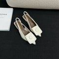 Women's low heel pointed toe sandals with back strap in apricot, black, brown, and silver colours