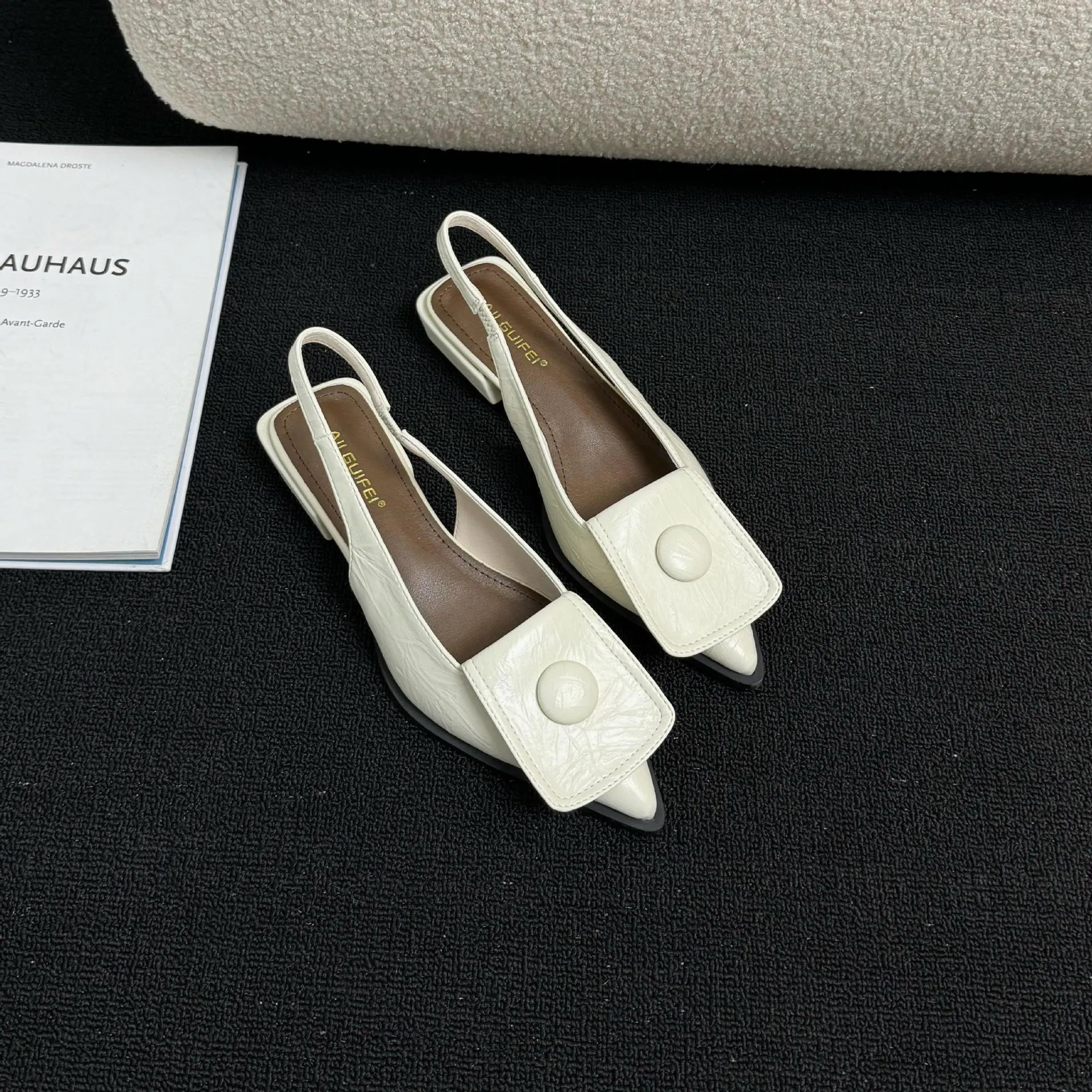 Women's low heel pointed toe sandals with back strap in apricot, black, brown, and silver colours
