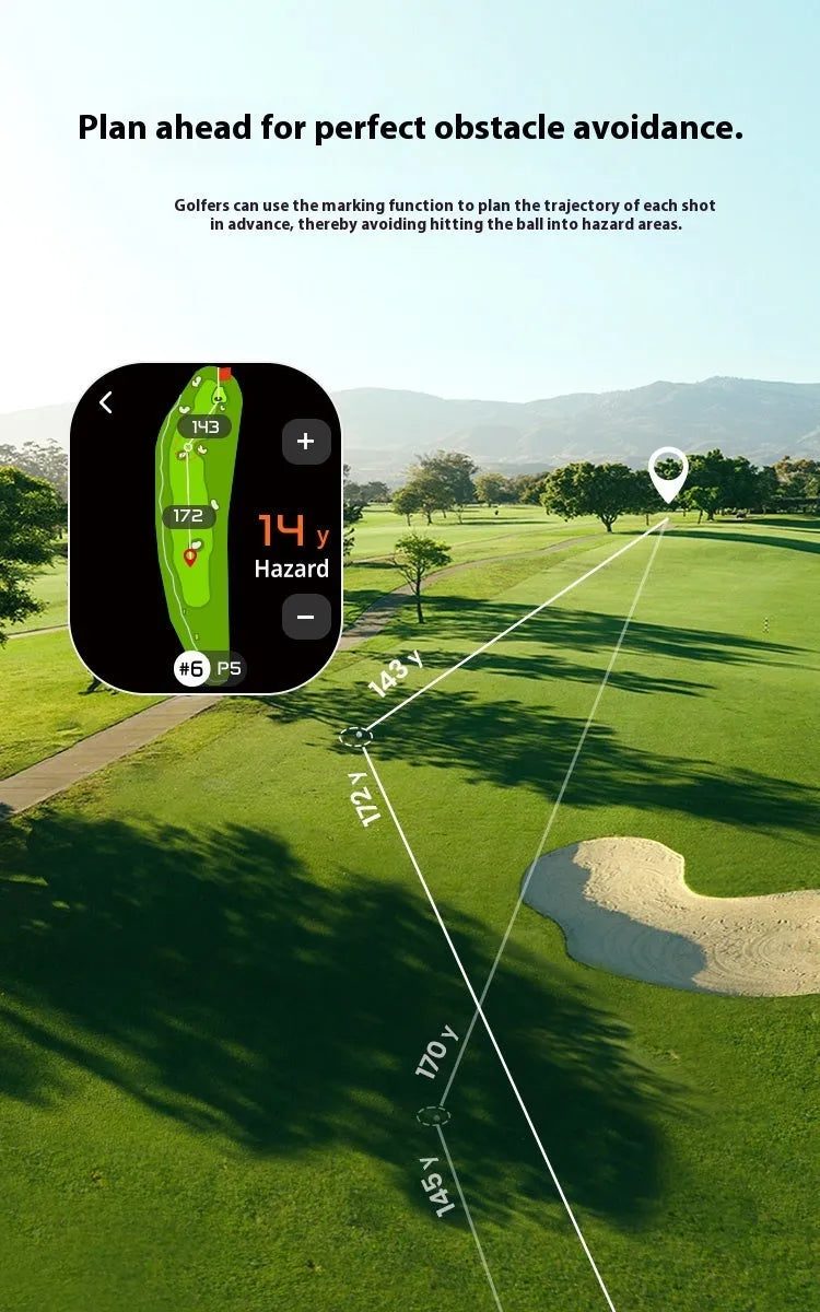 Black GPS rangefinder with telescope display and AMOLED touchscreen for outdoor distance measurement