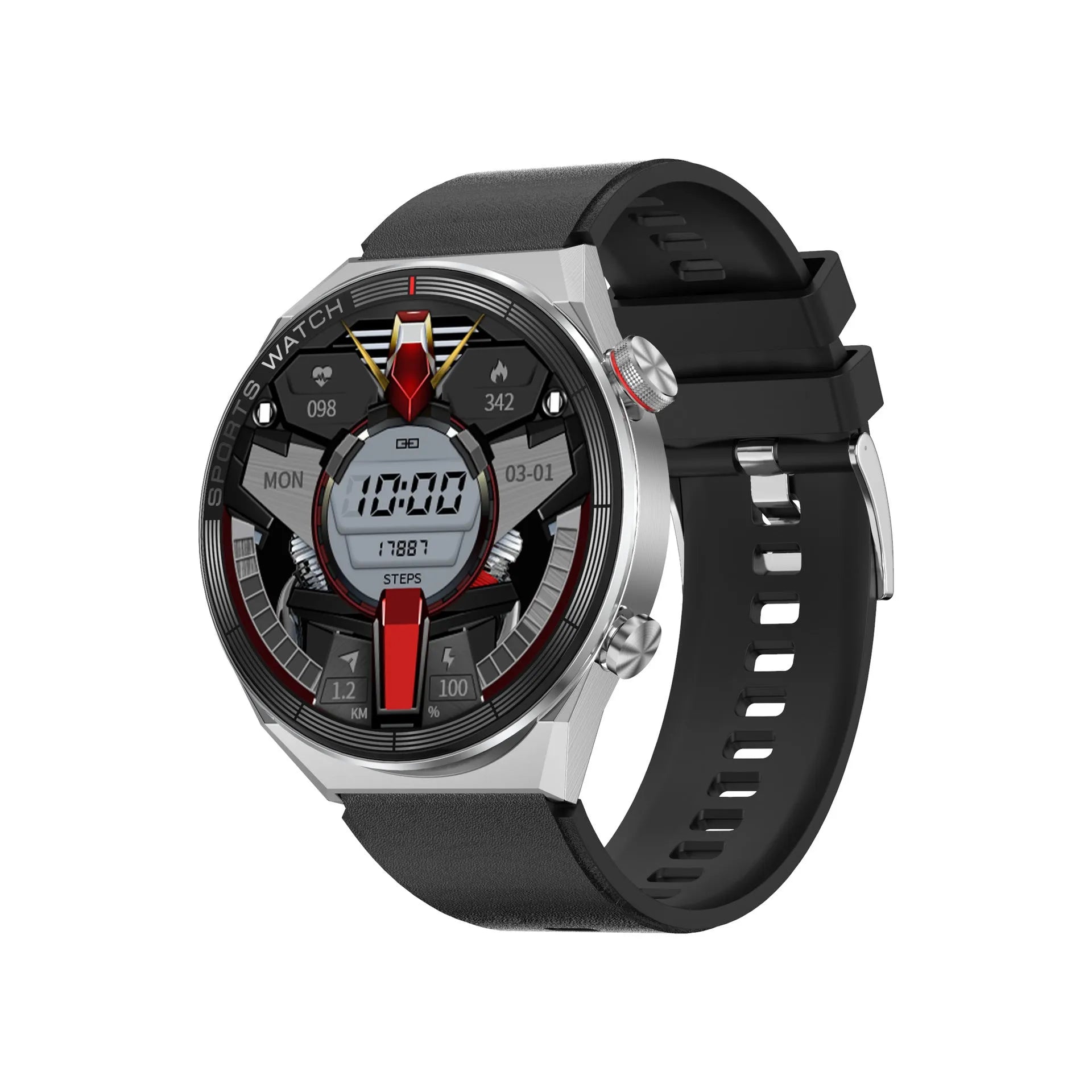 Large screen Bluetooth smart watch with call function shown in black or silver with leather, silicone, and steel strap options.