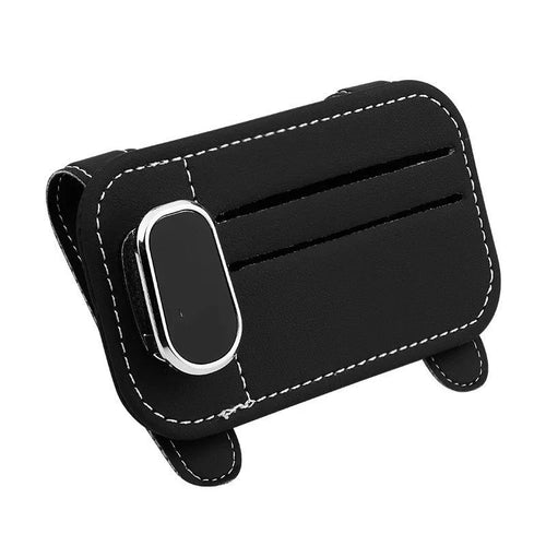 Cowhide leather automotive sun visor holder with glasses clip and card slots in beige colour.