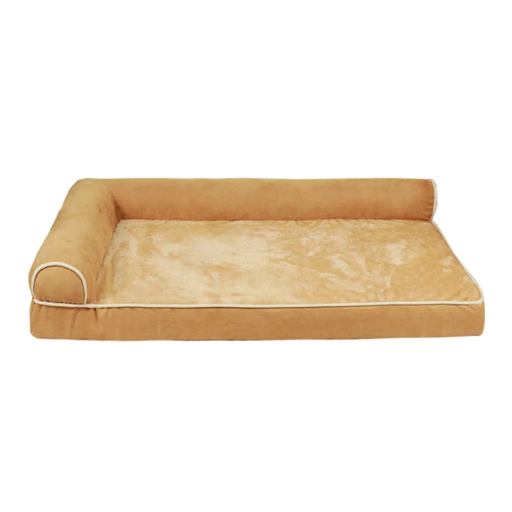 Solid colour cloth pet bed for dogs in khaki, shown on a floor with a size label