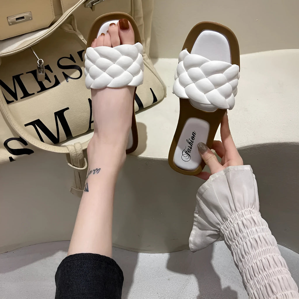 Women's plaid pattern beach sandals with thick anti-skid PVC sole, shown in white, green, orange, and black colours.