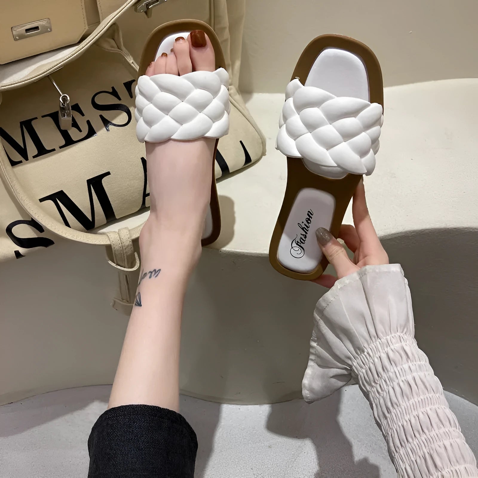 Women's plaid pattern beach sandals with thick anti-skid PVC sole, shown in white, green, orange, and black colours.