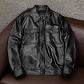 Men's plus size black retro lapel leather jacket with side pockets on a mannequin.
