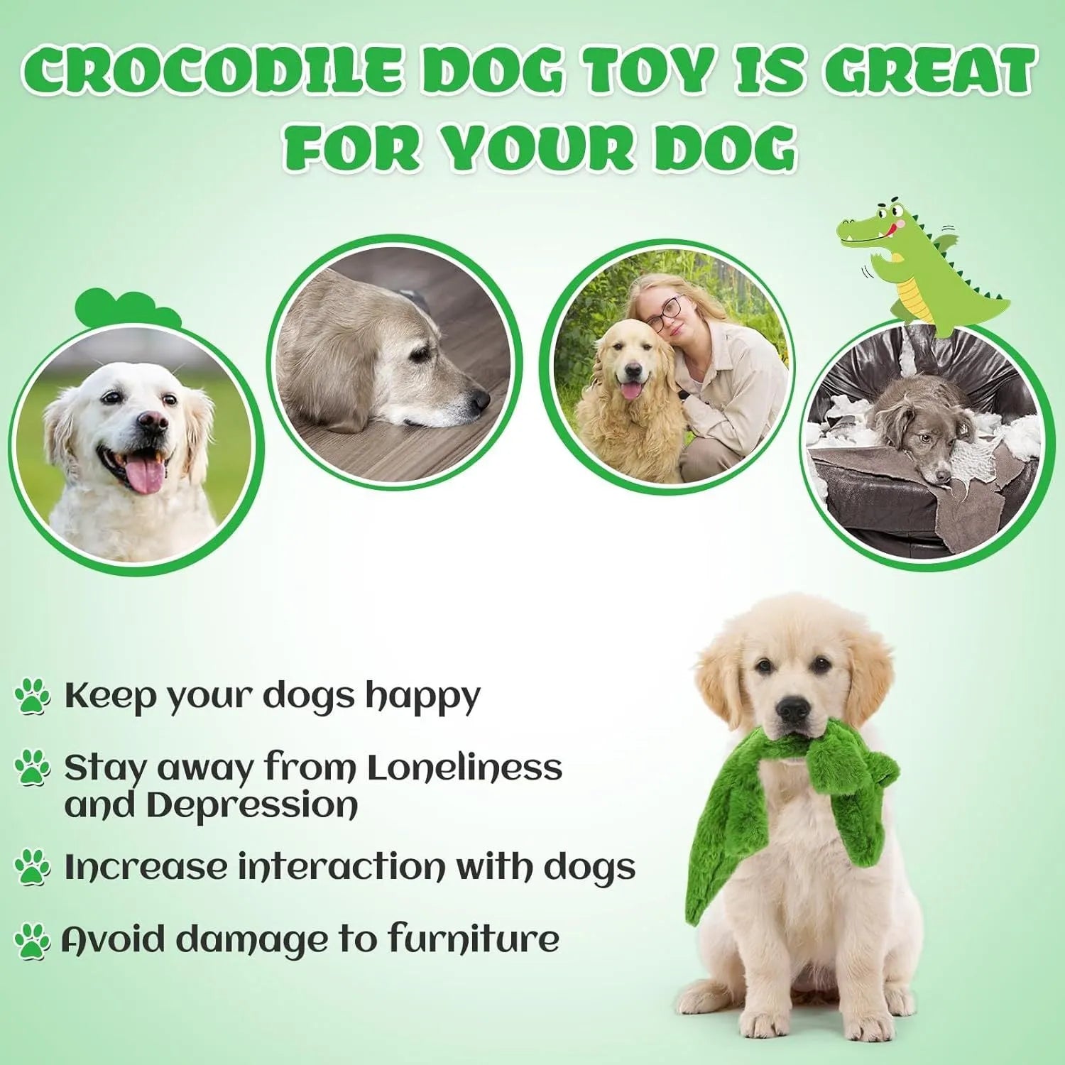 Green crocodile-shaped plush dog toy with squeaker in head and crinkle paper tail