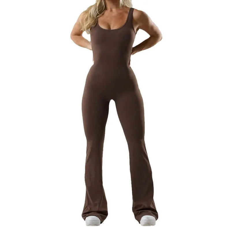Black women's tight seamless yoga bodysuit with built-in chest pads and mid-waist design.