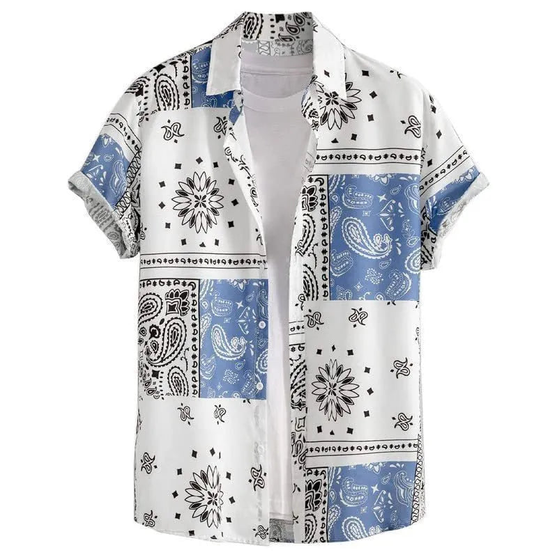 Man wearing a slim fit, short sleeve Hawaiian shirt with a cardigan style in a colourful digital print pattern.