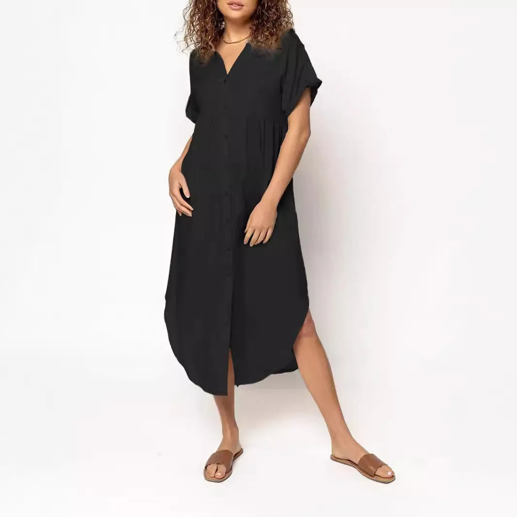 Loose fit casual dress with button front in mid-length design available in multiple solid colours