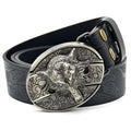 Men's casual all-match smooth buckle belt with black wolf head alloy buckle in black imitation leather