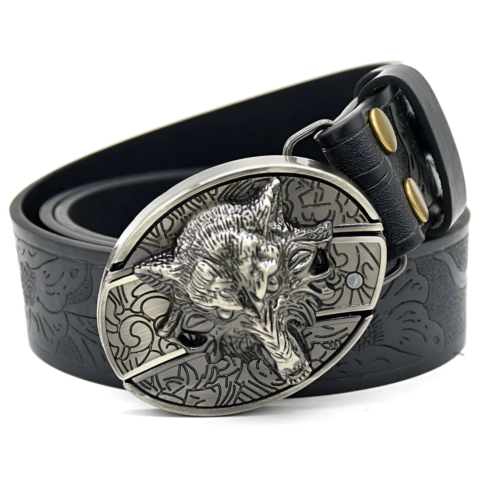 Men's casual all-match smooth buckle belt with black wolf head alloy buckle in black imitation leather
