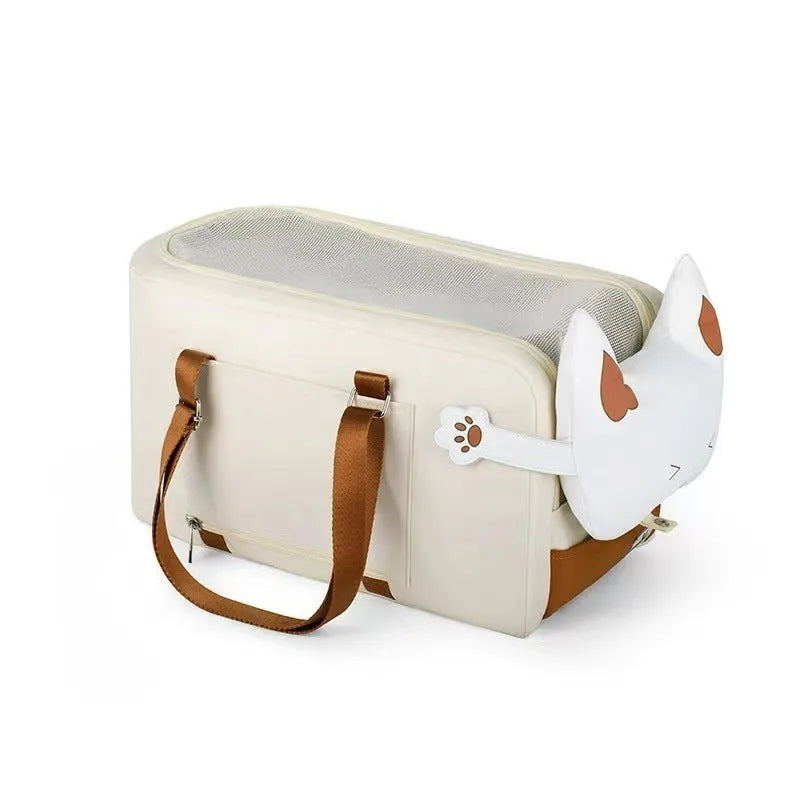 Beige hard-shell portable cat carrier flight case with one-shoulder strap, dimensions 43cm by 25cm by 22.5cm.