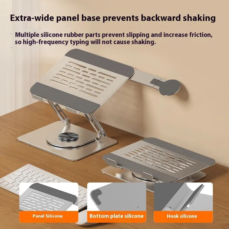 Silver carbon steel laptop stand with a side-mounted magnetic mobile phone holder on a desk