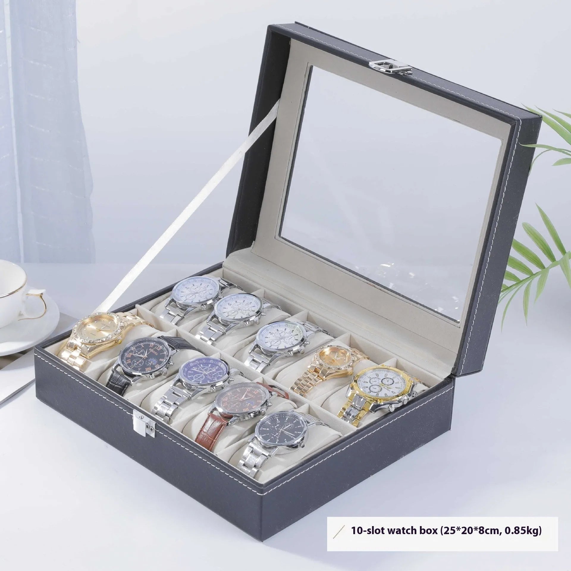 Grey high-grade leather watch storage box with a clear see-through lid showing internal compartments.
