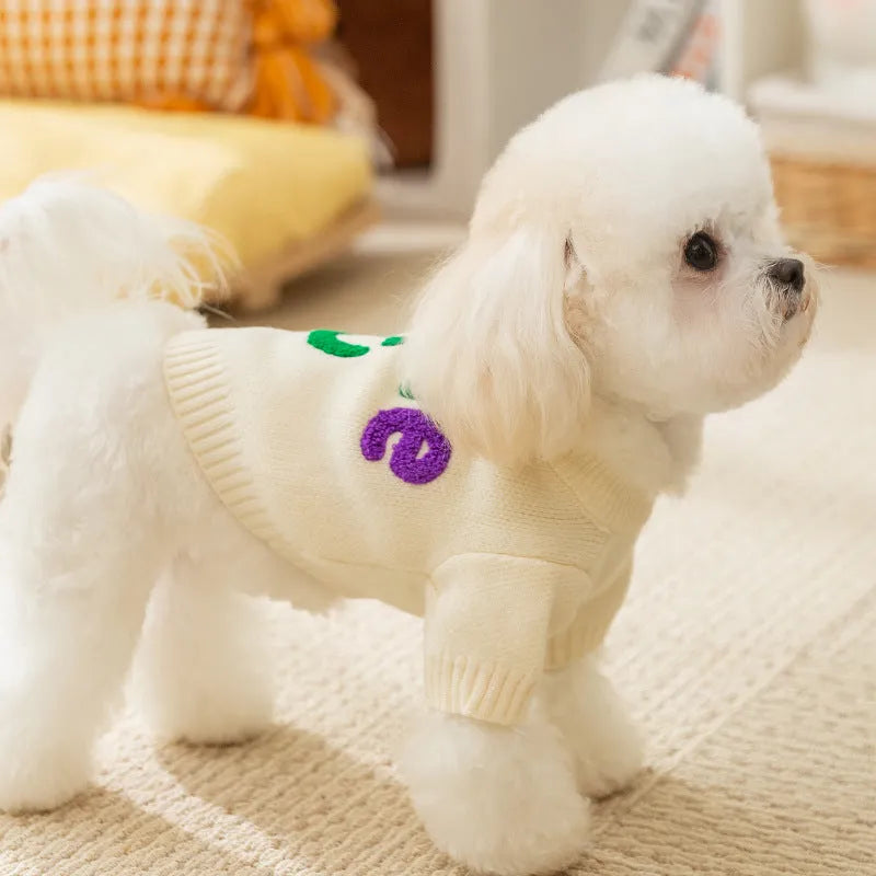 Knitted small dog sweater in white with multicolour Apple and smiley face embroidery