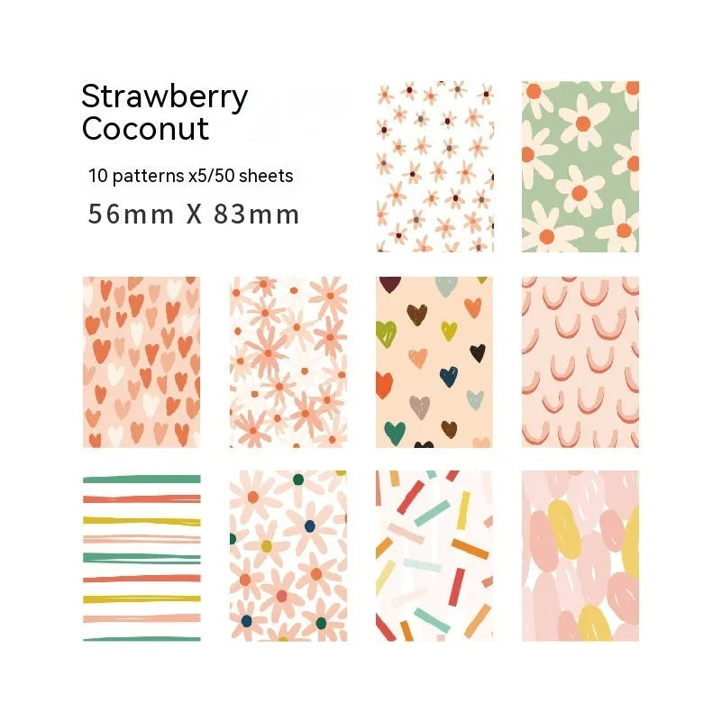 Dessert Supply Series retro collage note paper set showing ten different pastel colours on 56x83mm sheets