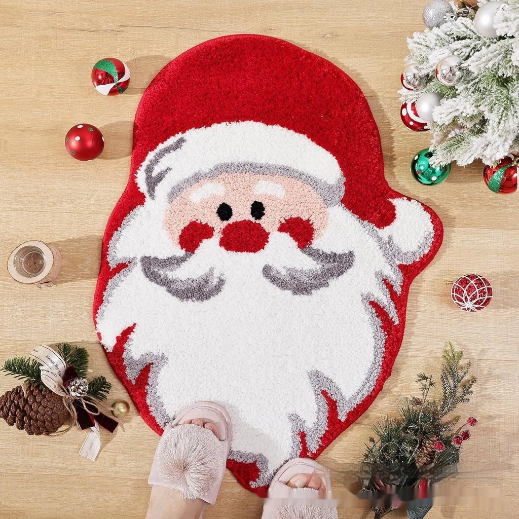 Square Christmas-themed hallway mat with non-slip backing on a wooden floor.