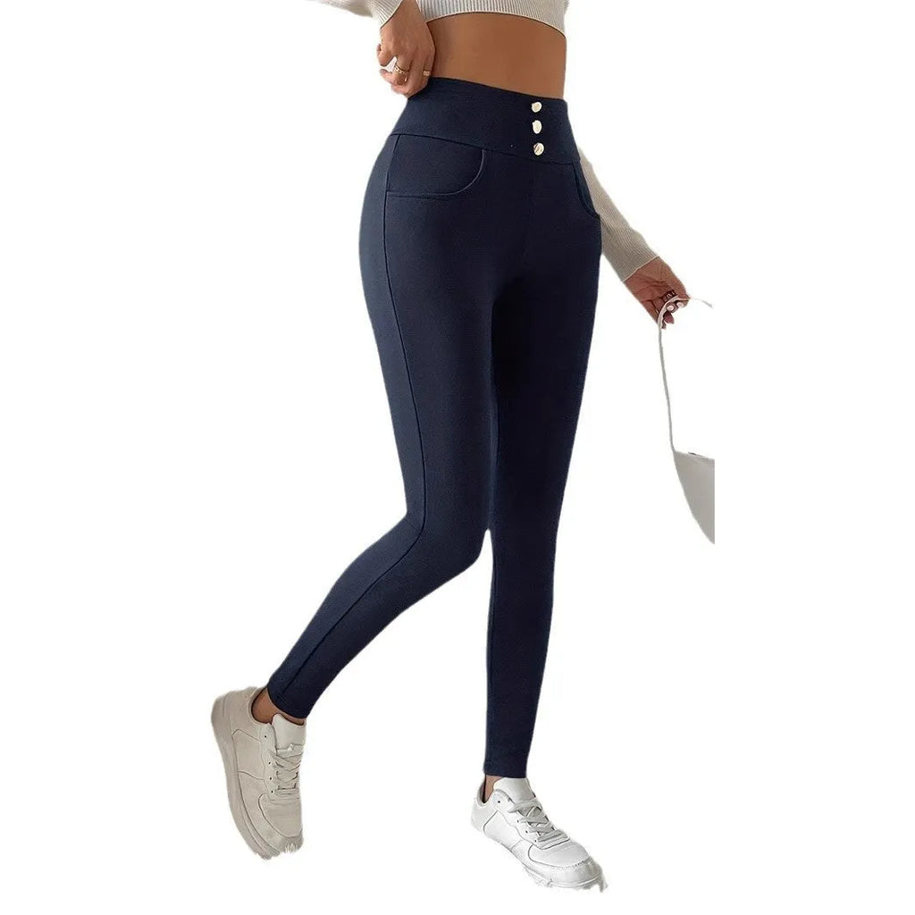 Navy blue women's high waist trousers with straight leg design and casual styling