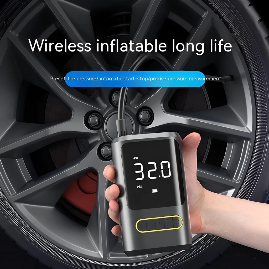 Handheld wireless digital display air pump with LED light and attached air hose