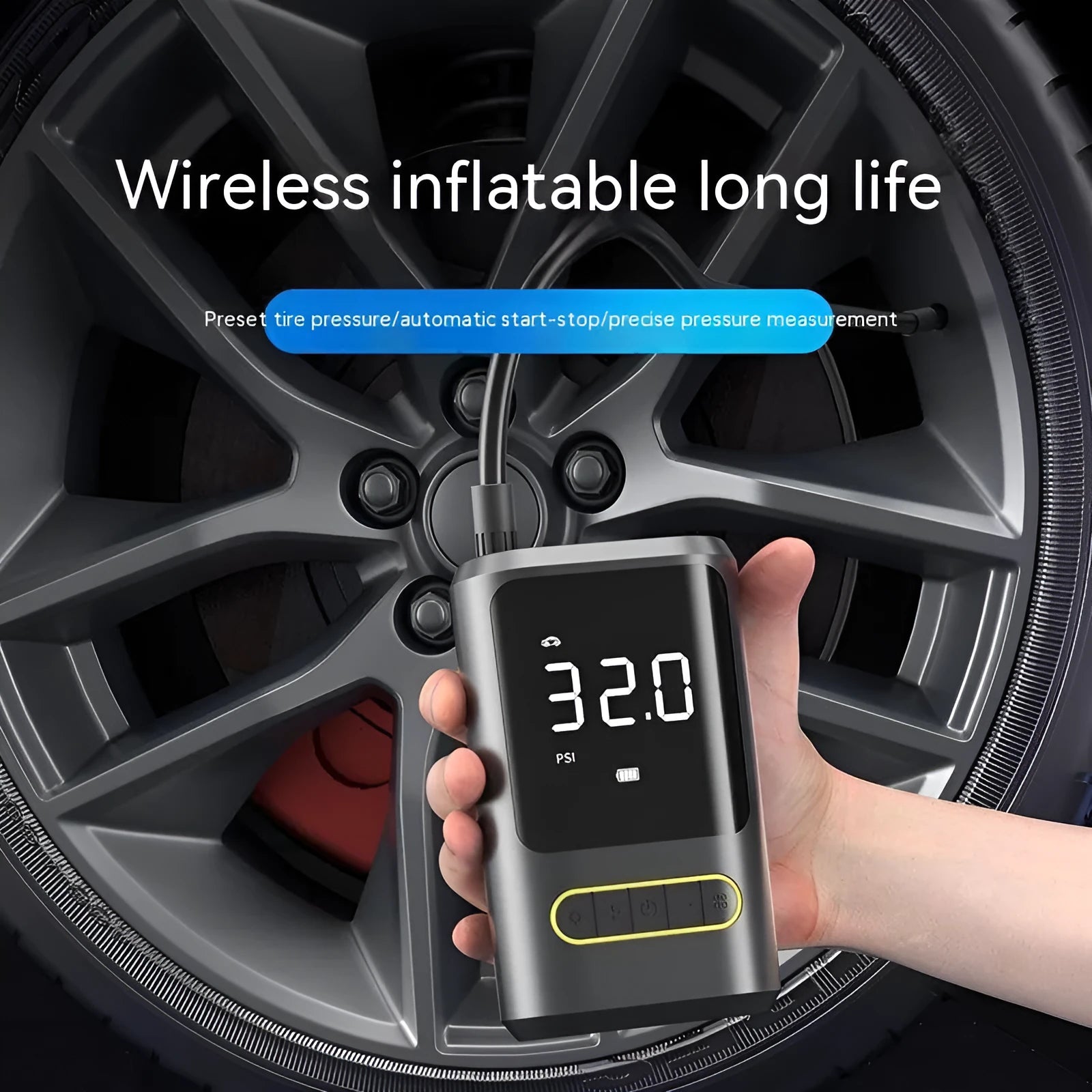 Handheld wireless digital display air pump with LED light and attached air hose