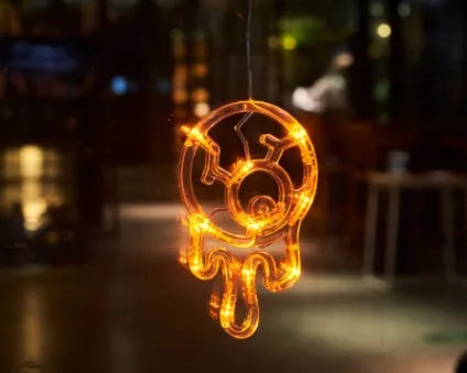 Halloween window hanging LED lights with spider, pumpkin and ghost designs on suction cups