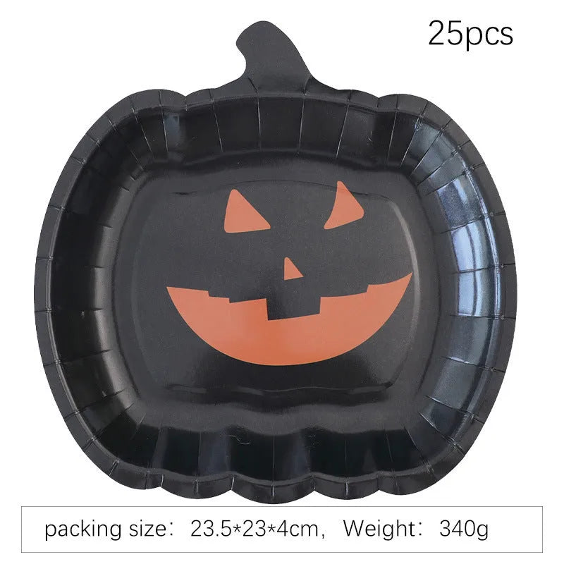 Halloween disposable paper plates with black pumpkin design, 9-inch diameter
