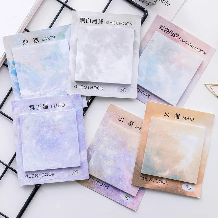 Square planet sticky notes with oil painting designs of Moon, Earth, Mars measuring 7.3cm