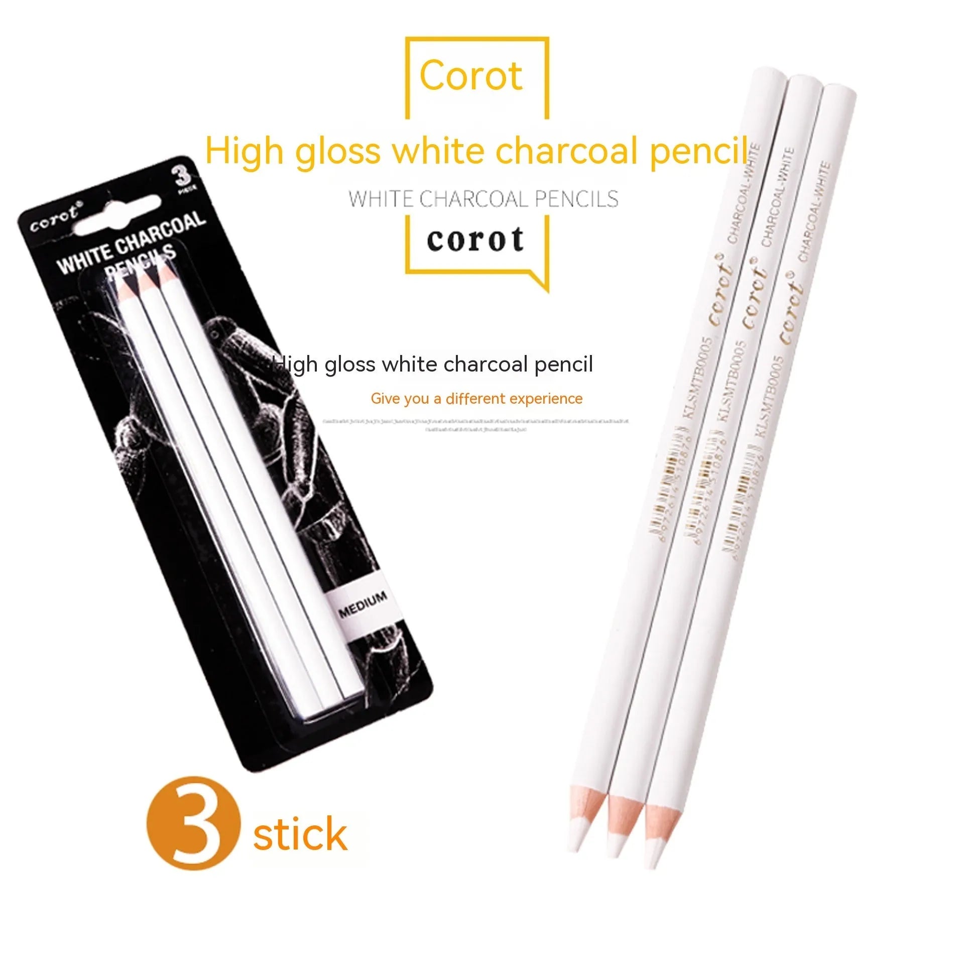 White charcoal pencil set showing wooden barrels with 144 pieces organised across 3 packs for sketching