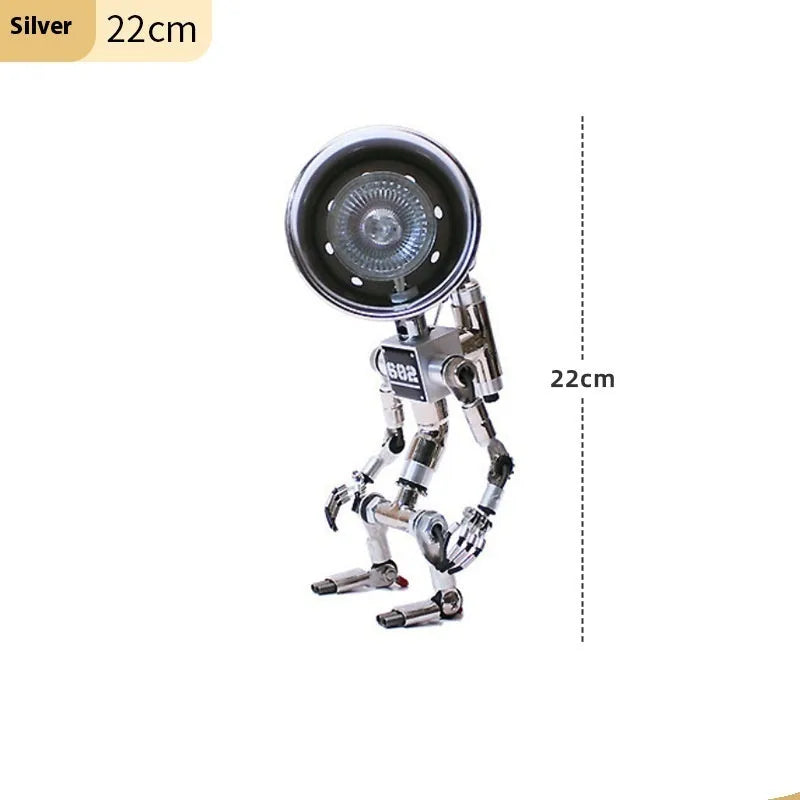 Silver and copper robot-shaped decorative desk lamp in 22cm and 29cm sizes.