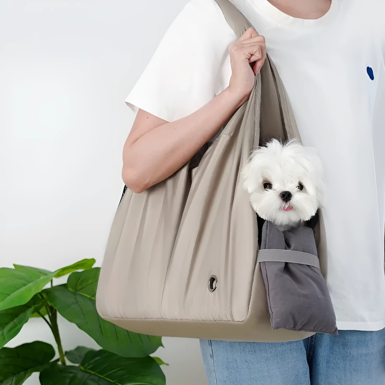 Apricot cloth pet carrier handbag showing 41 cm length and carry handle