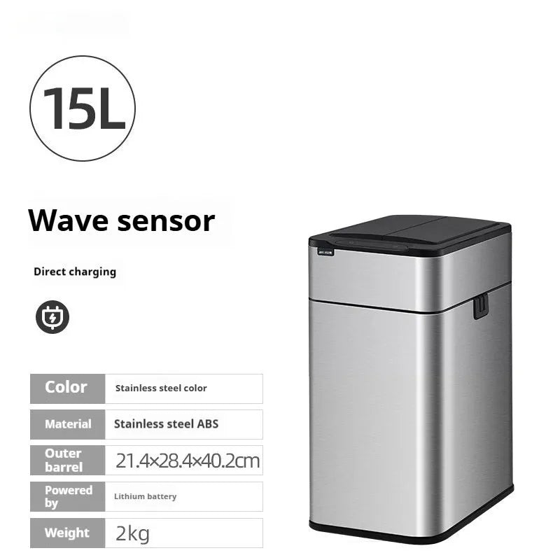 Stainless steel inductive smart ashbin with square shape and touch-free lid.