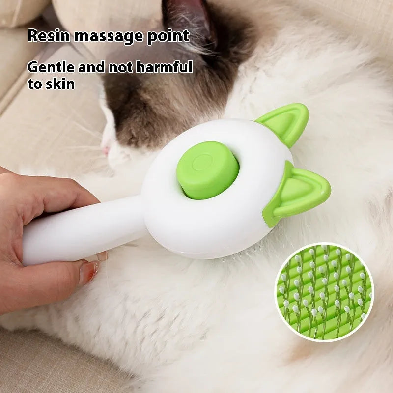 Self-cleaning pet grooming brush with stainless steel teeth and TPR massage nodes in greenish white colour.