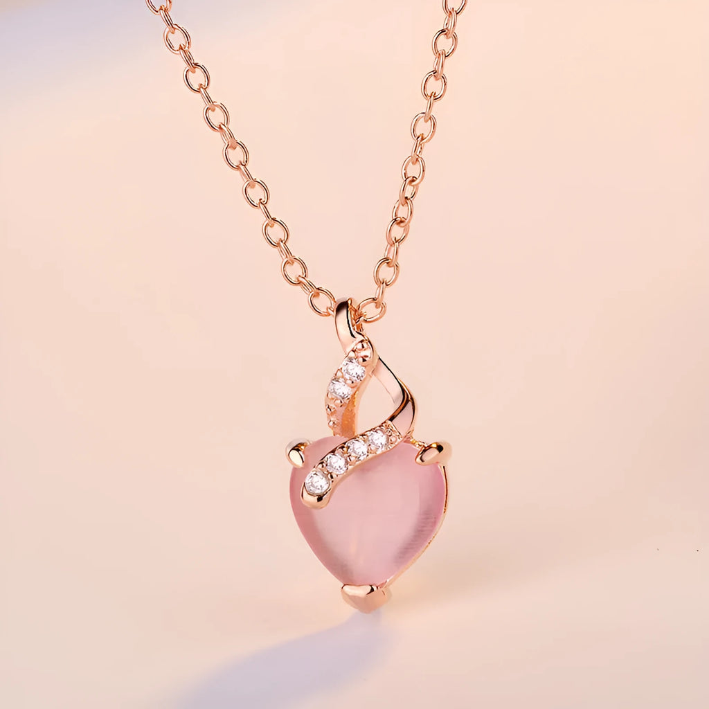 Women's heart-shaped pink synthetic crystal pendant necklace with rose gold electroplated chain