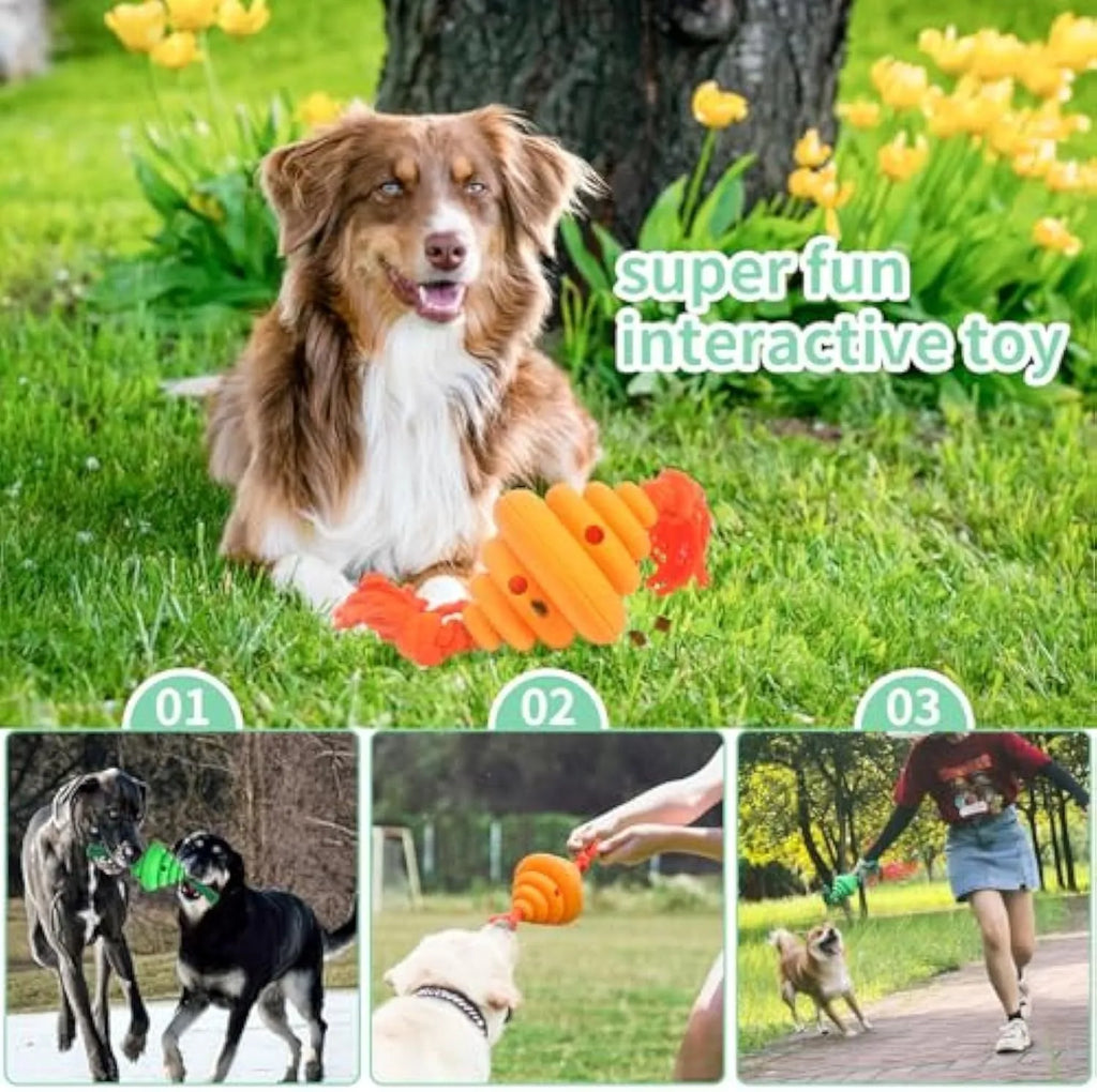 Green and yellow dog ball with rope toy showing split oval spiral design and integrated rope handle