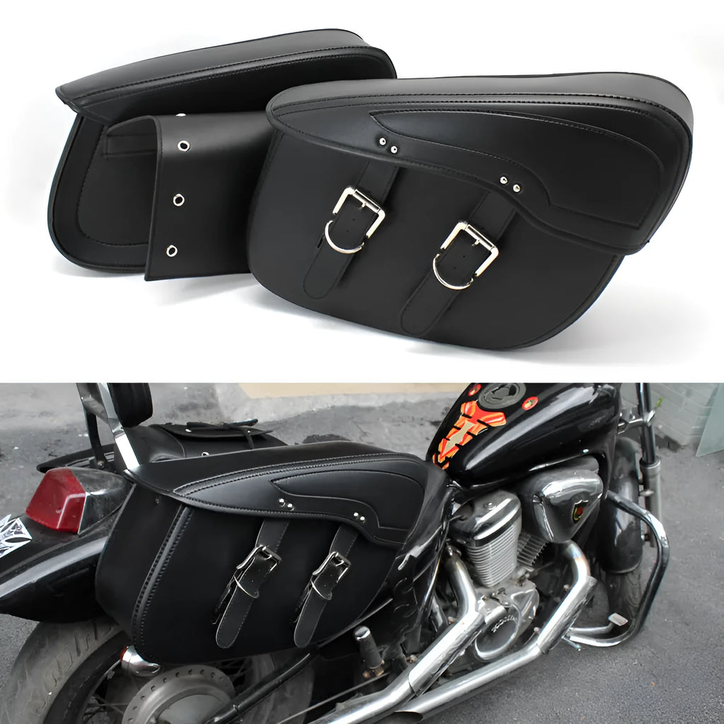 Black retro style motorcycle saddle bag made of PU leather mounted as a side box.
