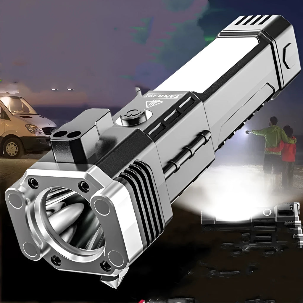 Silver plastic portable LED emergency work light with power bank functionality and IP44 protection rating