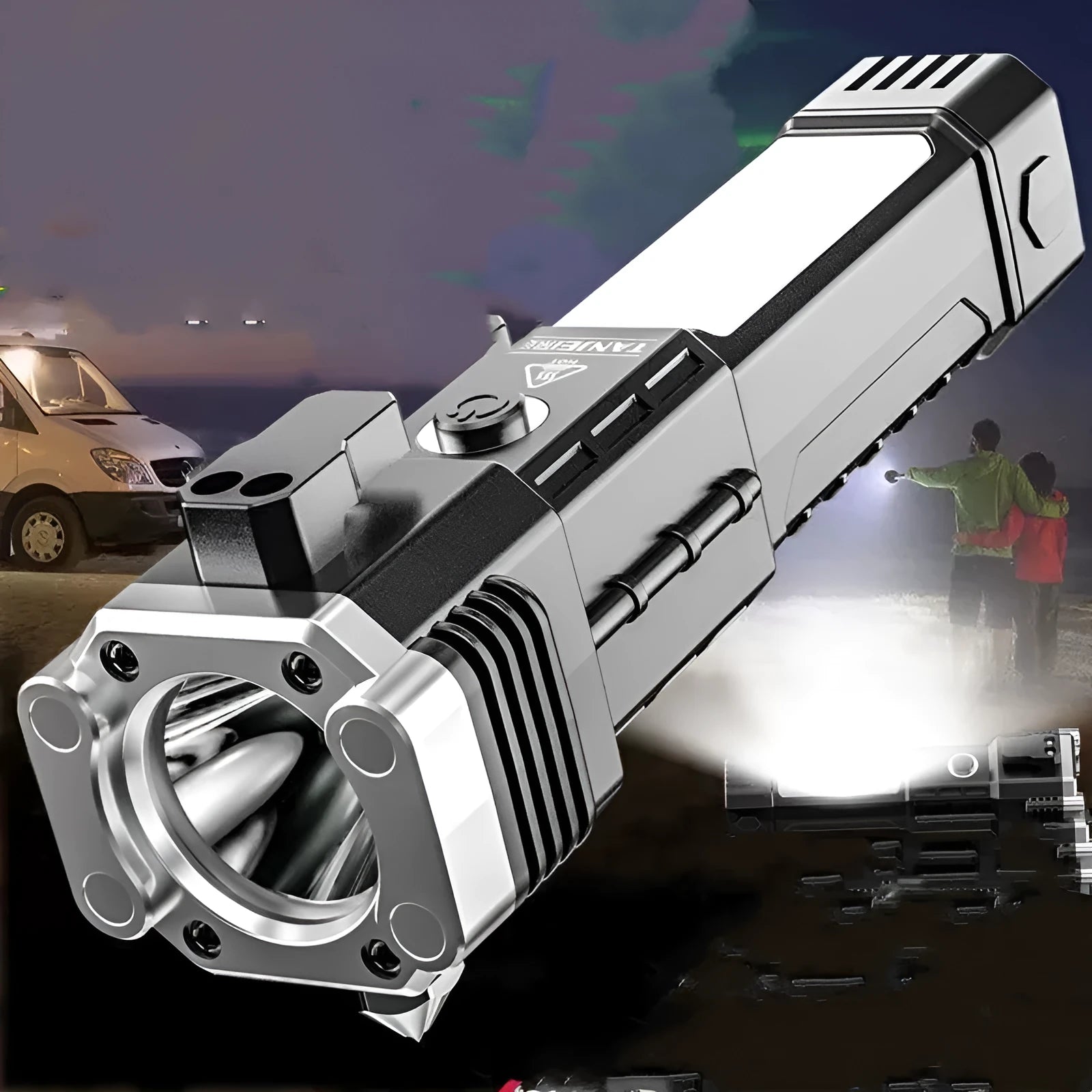 Silver plastic portable LED emergency work light with power bank functionality and IP44 protection rating