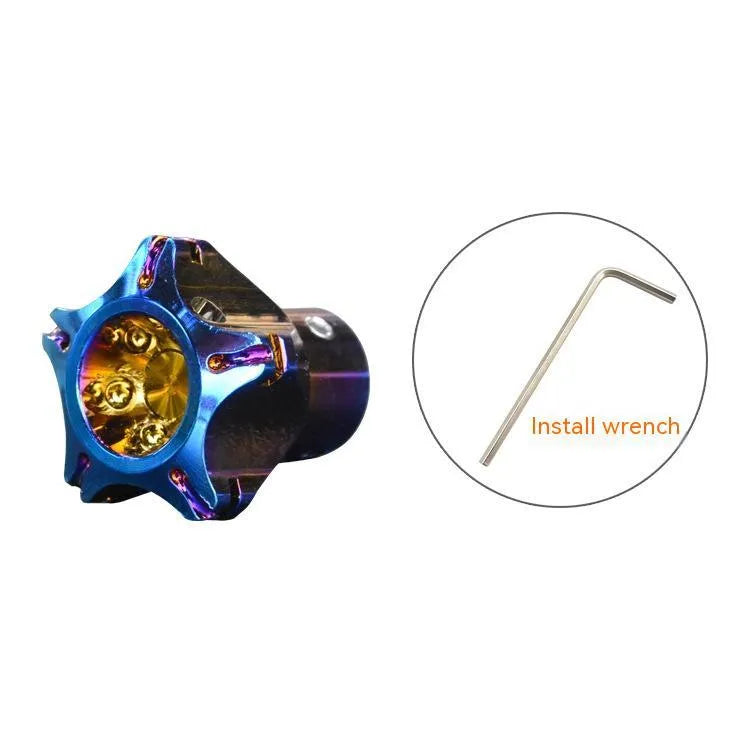 T6 aluminium alloy motorcycle key head cover in plum blossom, hexagonal, and five-pointed star designs.