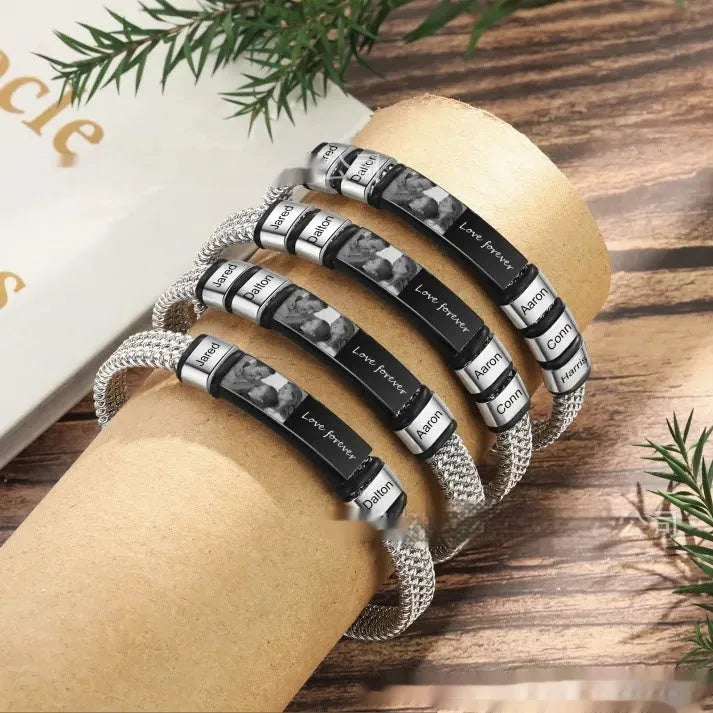 Titanium steel men's bracelet with heart-shaped lettering beads and braided leather rope sections.