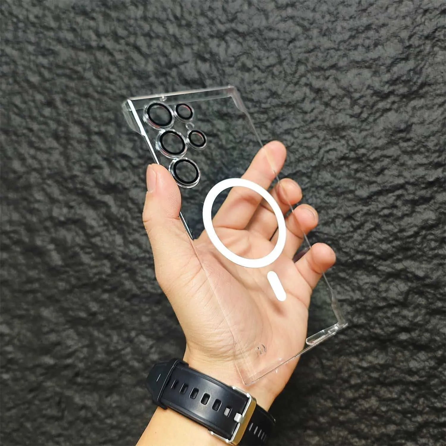 Frameless magnetic suction Samsung phone case with built-in lens protector in matte black finish