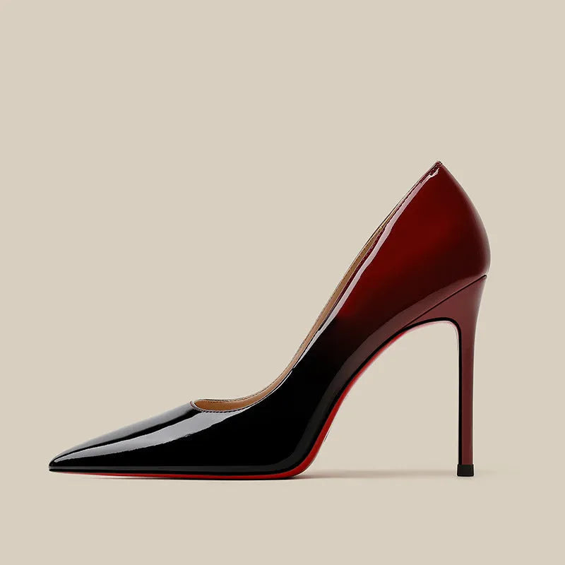Patent leather black red gradient stiletto high heels pointed toe women's shoes