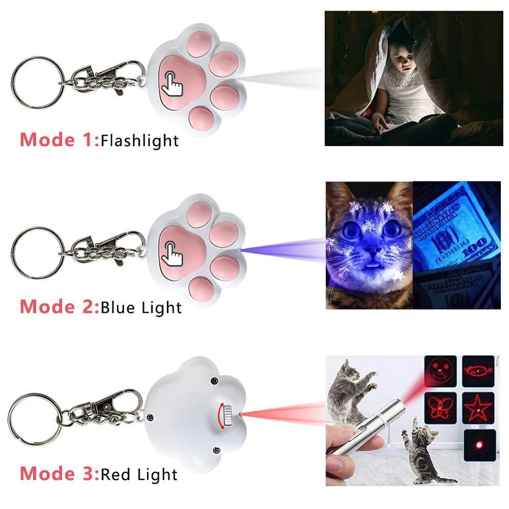 Pink and black rechargeable infrared cat teaser toy with keychain attachment showing 5cm dimensions