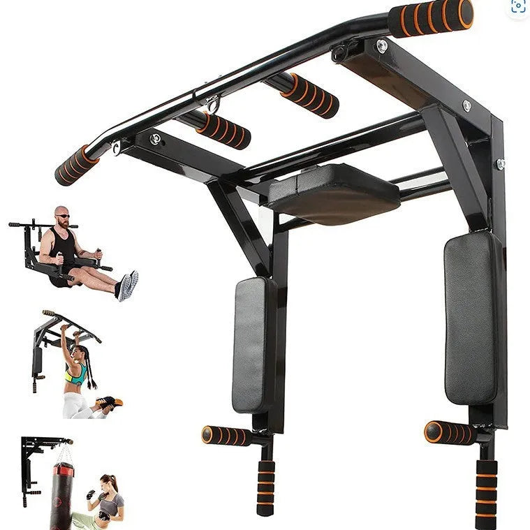Black steel wall-mounted fitness unit with a sandbag rack and single parallel bars for pull-ups.