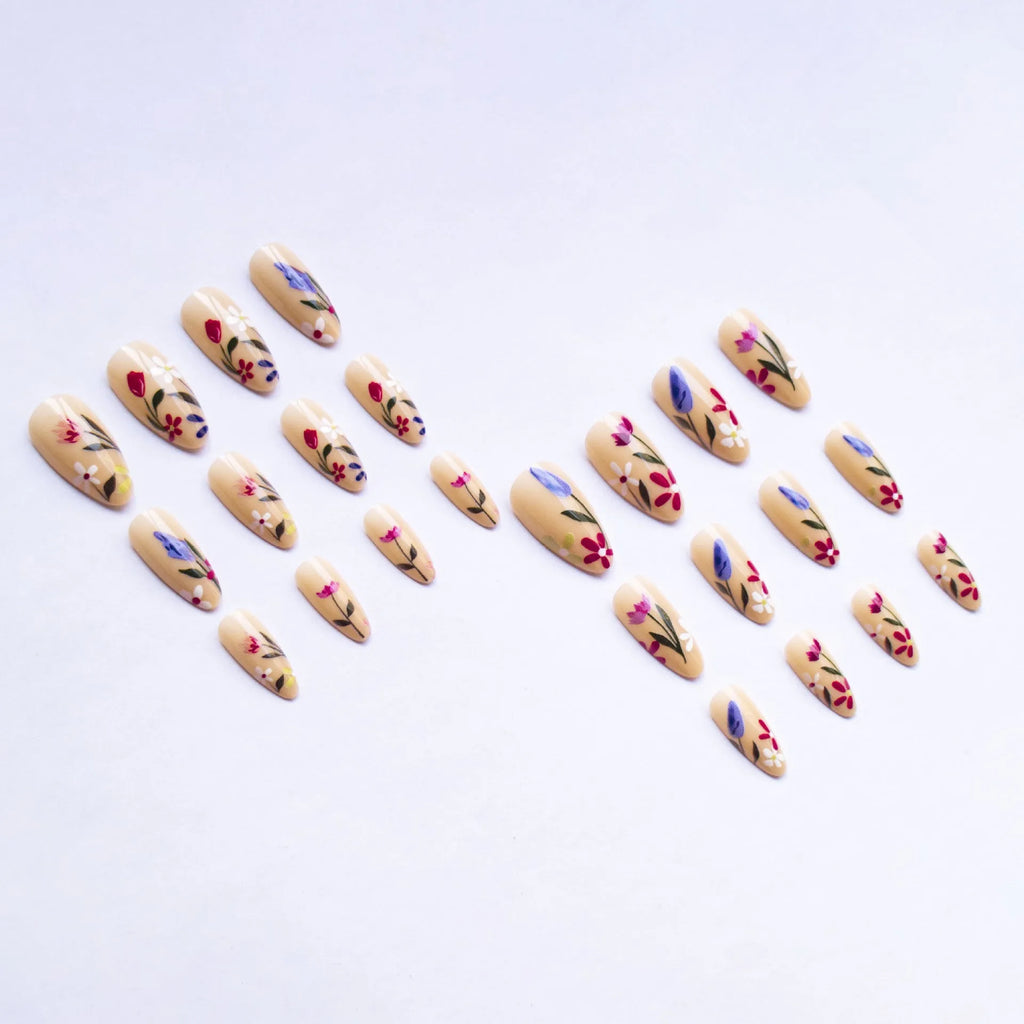 Almond-shaped press-on nails with European floral wear armour rose tulip patterns