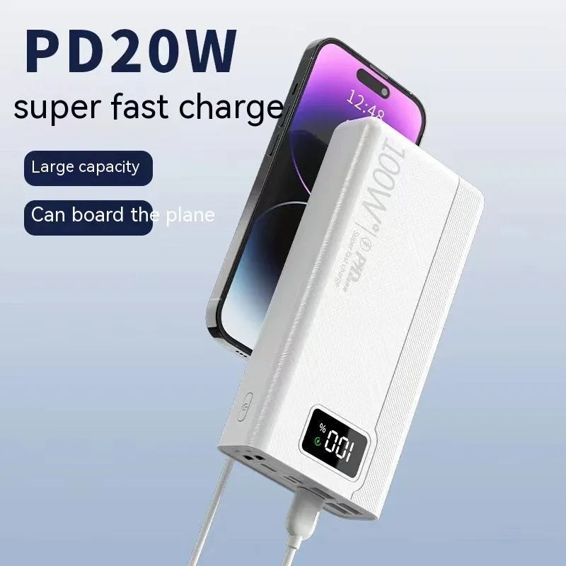 Large black and white plastic power bank showing size comparison and capacity options from 20000mAh to 50000mAh.