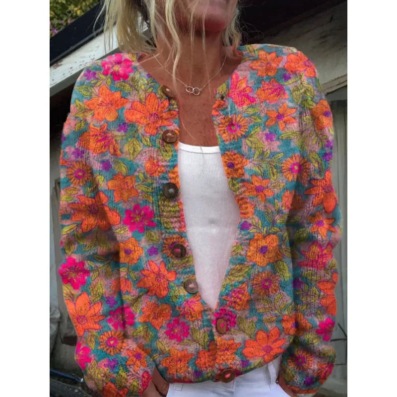 Yellow digital printing cardigan knitted coat with 3D effect pattern, regular sleeves, gentle style