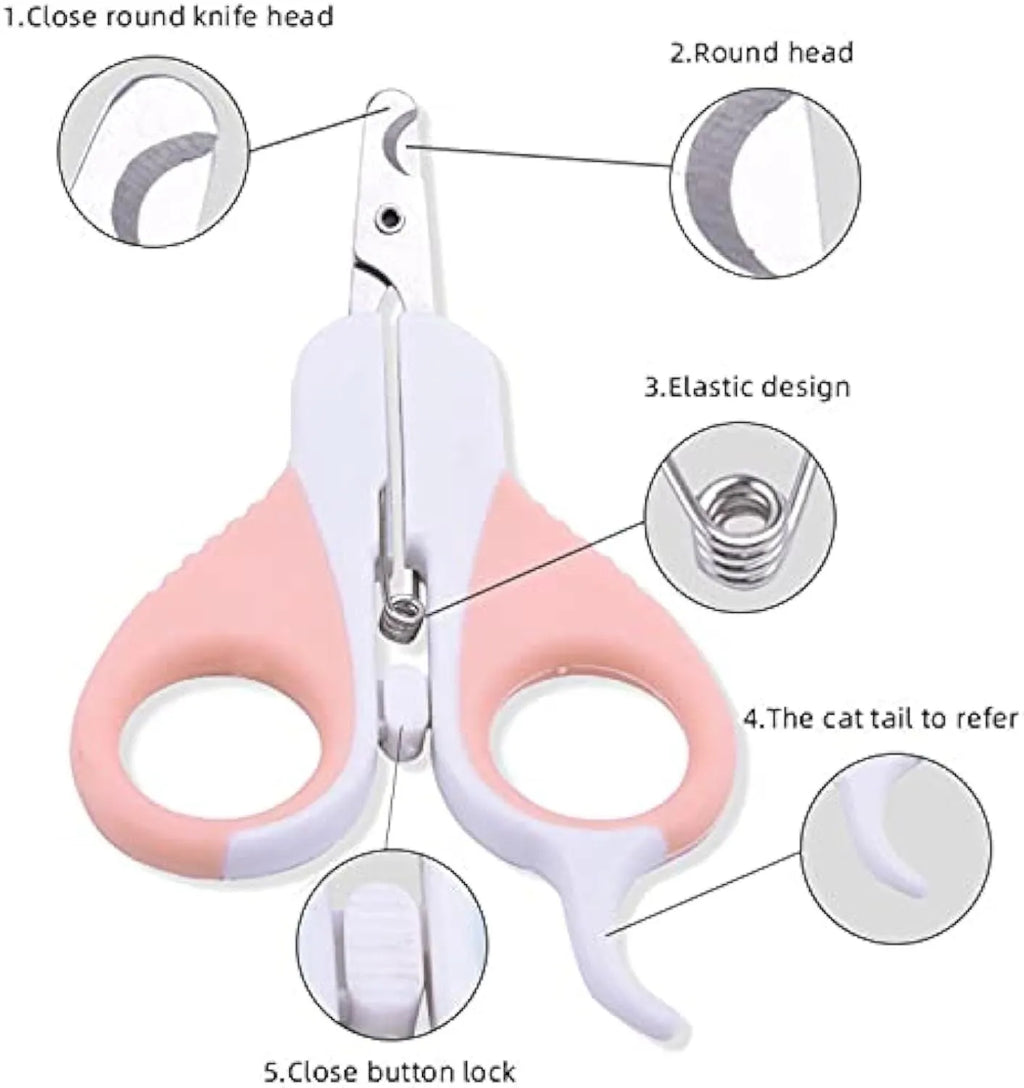 Grey and pink stainless steel pet nail clippers with angled blade and safety lock on handle
