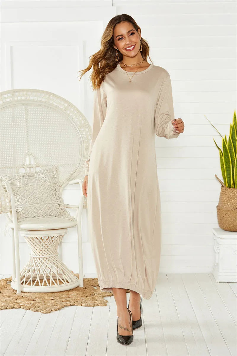 Black lantern dress with lace-up crew neck and loose long silhouette in Japanese Korean casual style