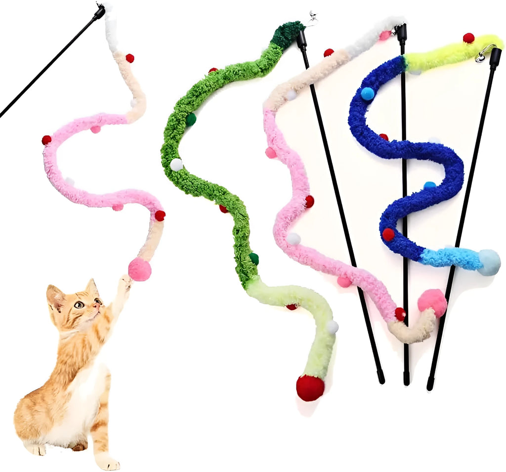 Blue cat wand toy with long plush strip and fluffy ball with bell attachment